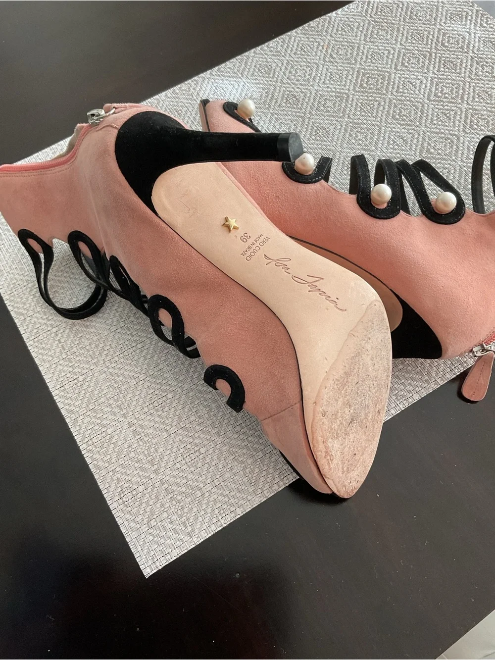 Isa Tapia Pink Suede Pearl‑Embellished High Heel Sandals